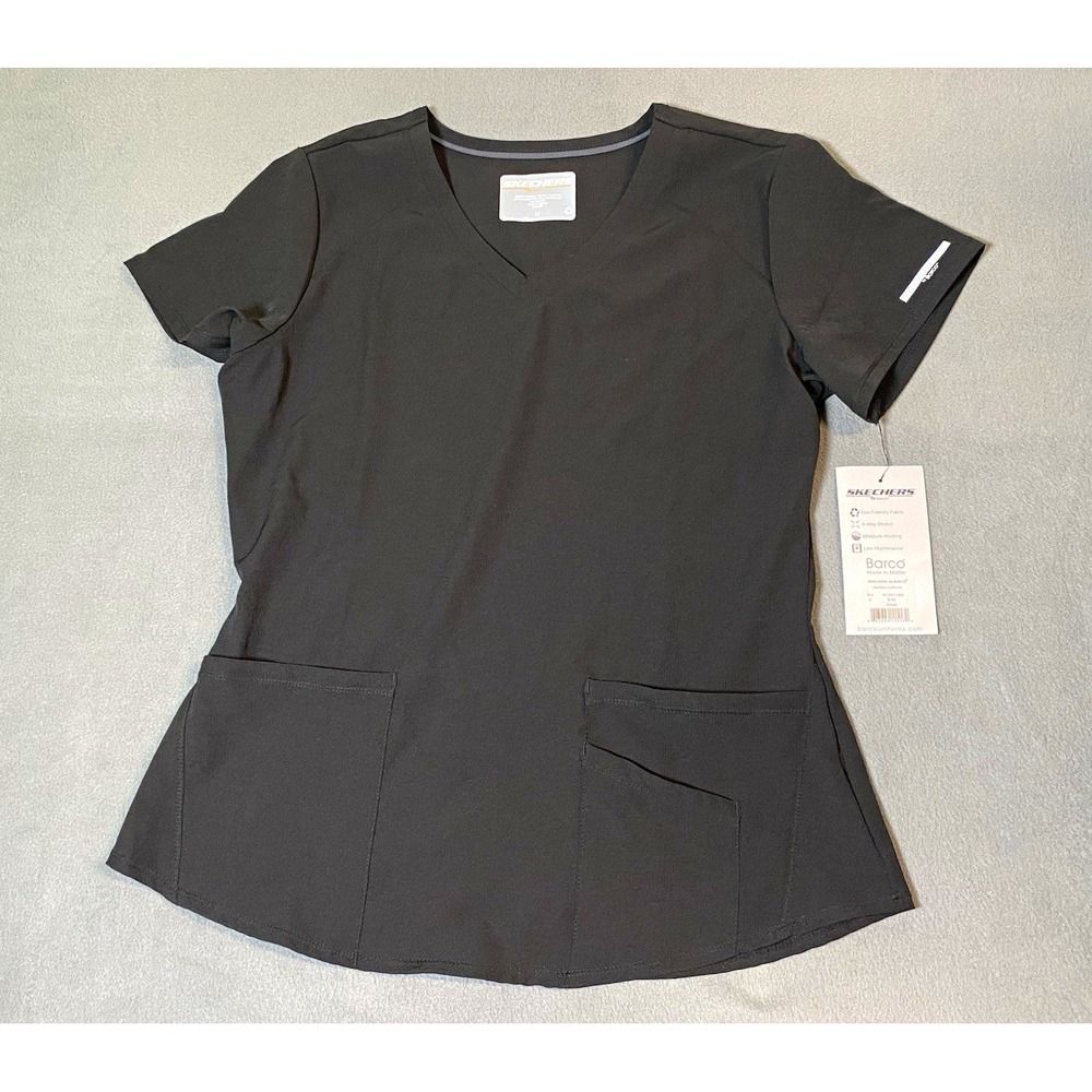 Skechers by Barco SK101 Women's V-Neck Scrub Top Black M 4-Way Stretch pockets